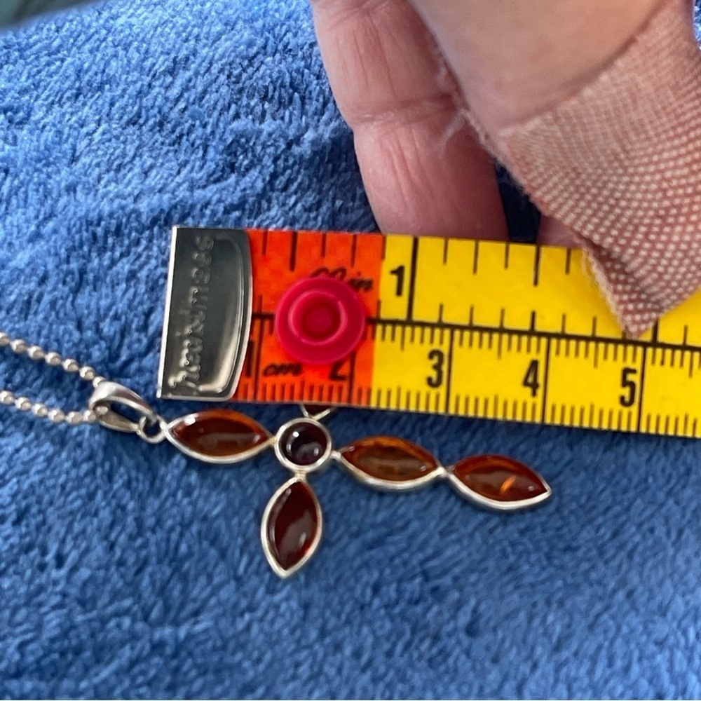 Vintage Baltic Amber Pendant Cross in Sterling Silver Necklace With Chain - Picture 4 of 6